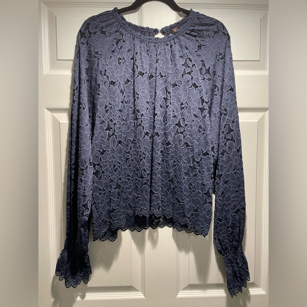 Free People Olivia Lace Blouse. XL. Blue. Long Sleeve.